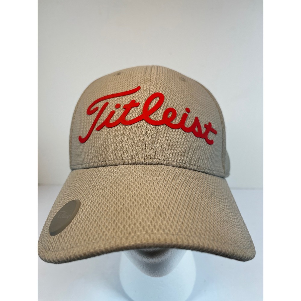 Titleist Golf Hat Tan Beige Mesh Adjustable Strapback Red Embroidered Logo Cap
